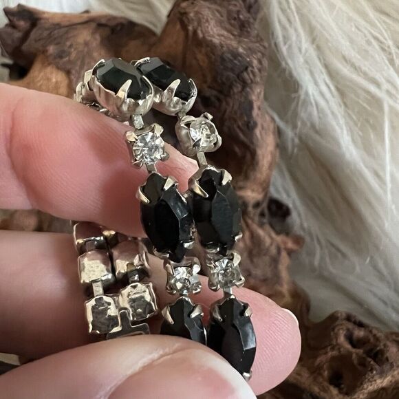 Vintage Kramer Signed Tennis Bracelet 7" Double Row Black Marquise + Rhinestones - Picture 10 of 14